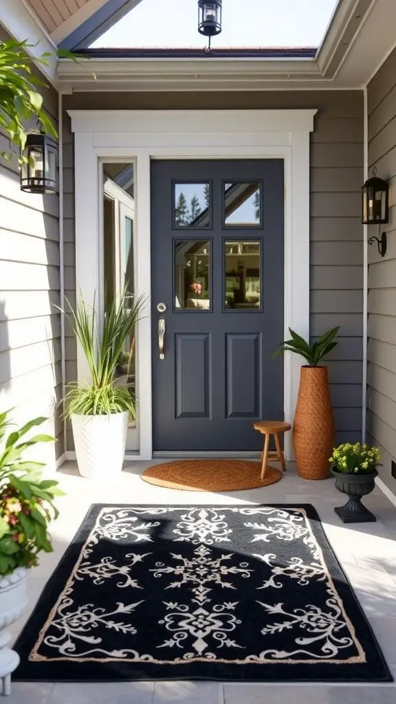 27 Inspiring Outdoor Entryway Decor Ideas to Enhance Your Home's Curb Appeal 8 A stylish outdoor rug at an entryway with plants and decor.