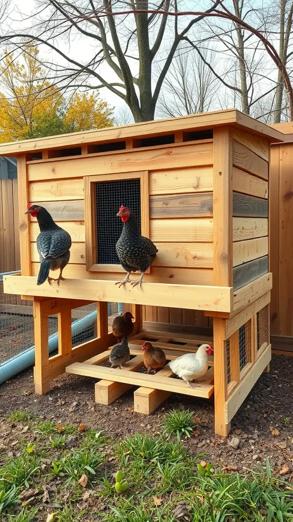 21 Creative Pallet Chicken Coop Ideas You’ll Love 12 A wooden pallet chicken coop with an outdoor perch and chickens.