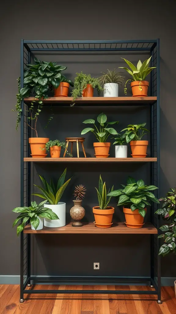 21 Stunning Room Plants Ideas to Transform Your Space 10 A stylish plant shelf with various potted plants in terracotta and white pots on a dark wall.
