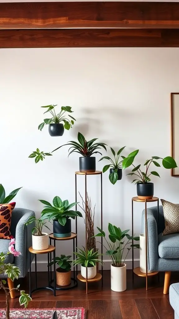 15 Inspiring Living Room Plant Decor Ideas 2 Living room with various stylish plant stands displaying indoor plants
