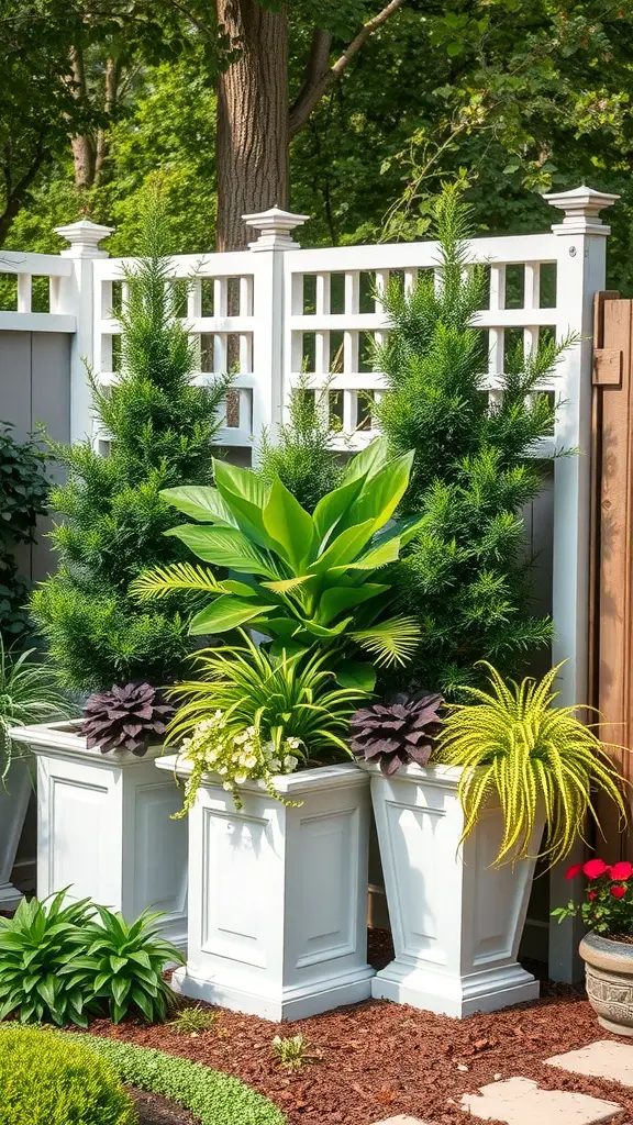21 Creative Backyard Privacy Ideas to Keep Neighbors at Bay 13 Stylish planter boxes with tall green plants and colorful foliage, set against a garden backdrop