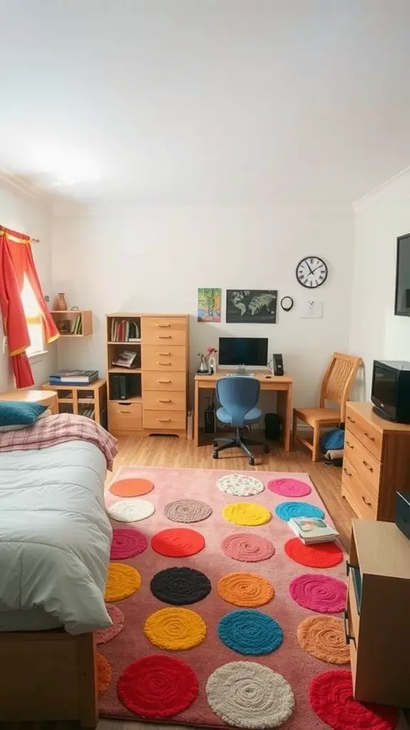 19 Creative Dorm Layout Ideas to Maximize Your Space 12 A cozy dorm room with a colorful circular rug, wooden furniture, and a study area.