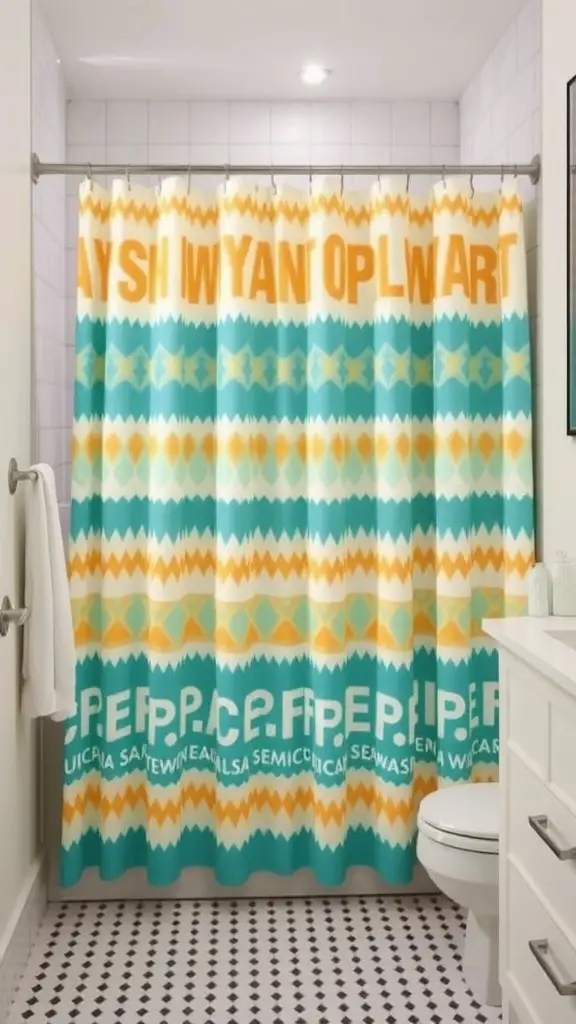 17 Cozy Bathroom Ideas for a Relaxing Retreat 16 A colorful shower curtain with zigzag patterns in teal and orange.