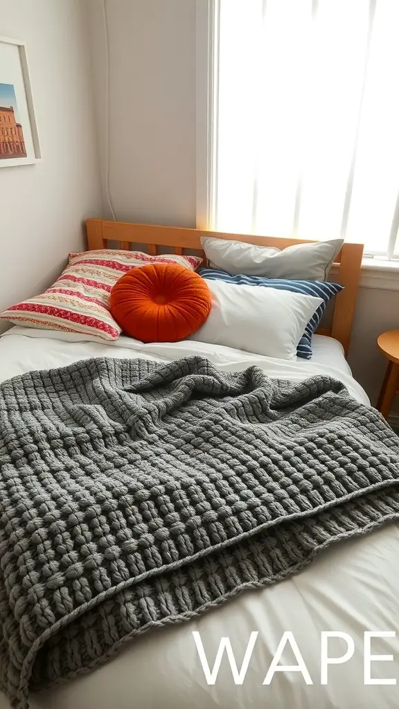19 Cozy Dorm Room Aesthetic Ideas to Transform Your Space 4 A cozy dorm bed with colorful pillows and a soft gray blanket.