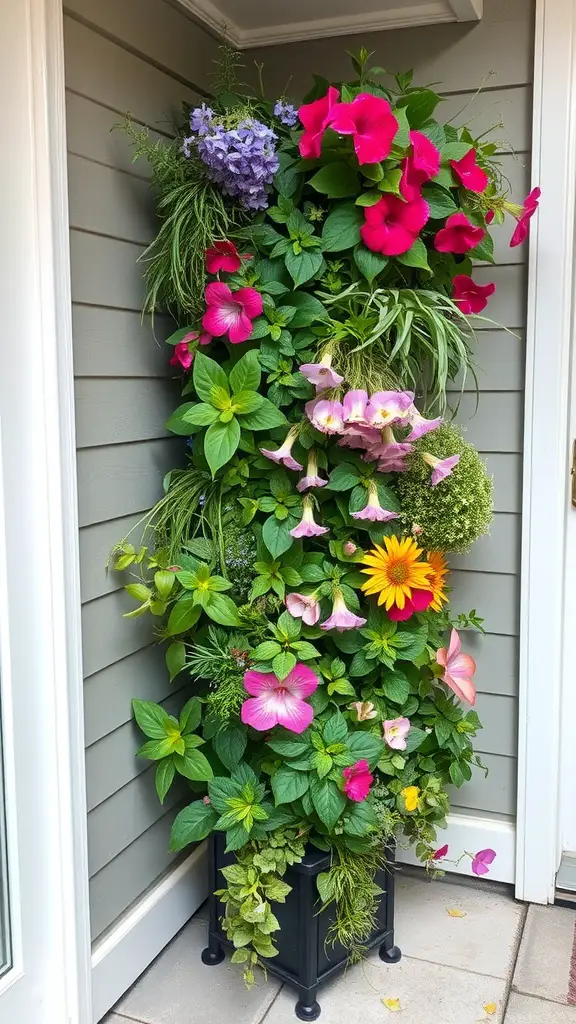 19 Stunning Patio Plant Ideas for Container Gardening 11 A vertical planter filled with colorful flowers and green leaves, showcasing a variety of plants in a compact design.