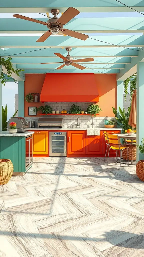 25 Stunning Outdoor Kitchen Flooring Ideas You’ll Love 2 Stylish outdoor kitchen featuring vibrant colors and herringbone vinyl flooring.