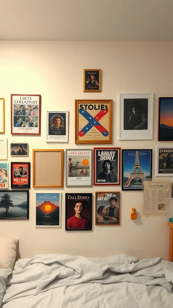 19 Stylish Dorm Room Ideas for Guys 7 A stylish wall art display featuring various framed artworks on a plain wall above a bed.