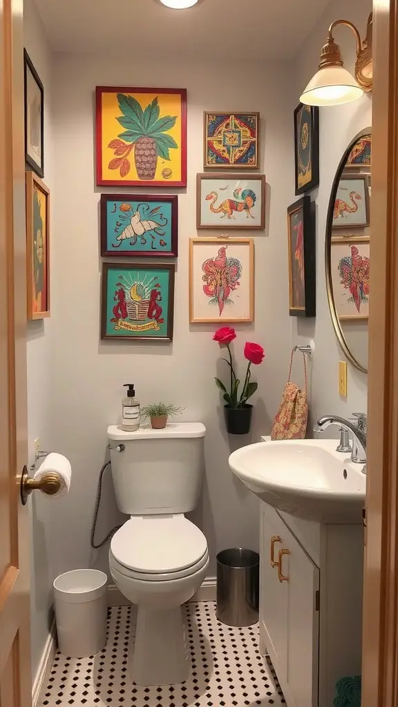 27 Clever Tiny Bathroom Ideas for Maximum Style and Functionality 11 Stylish small bathroom with colorful wall art and decorative plants