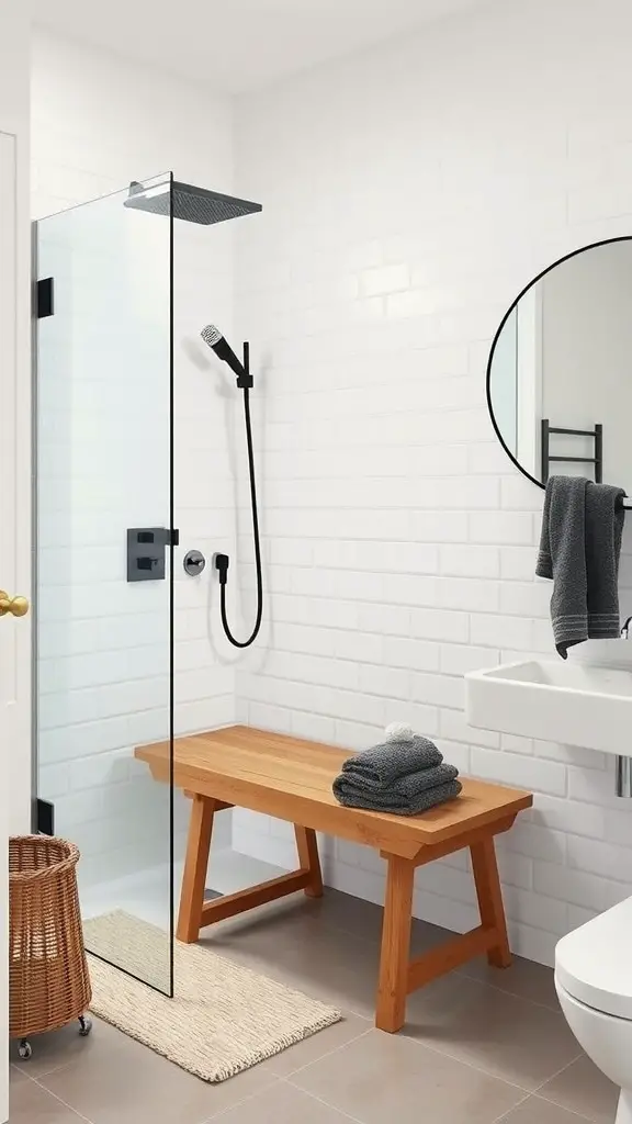 21 Stunning Scandinavian Bathroom Ideas You’ll Love 11 Stylish wooden bench in a modern Scandinavian bathroom with white tiles and rolled towels