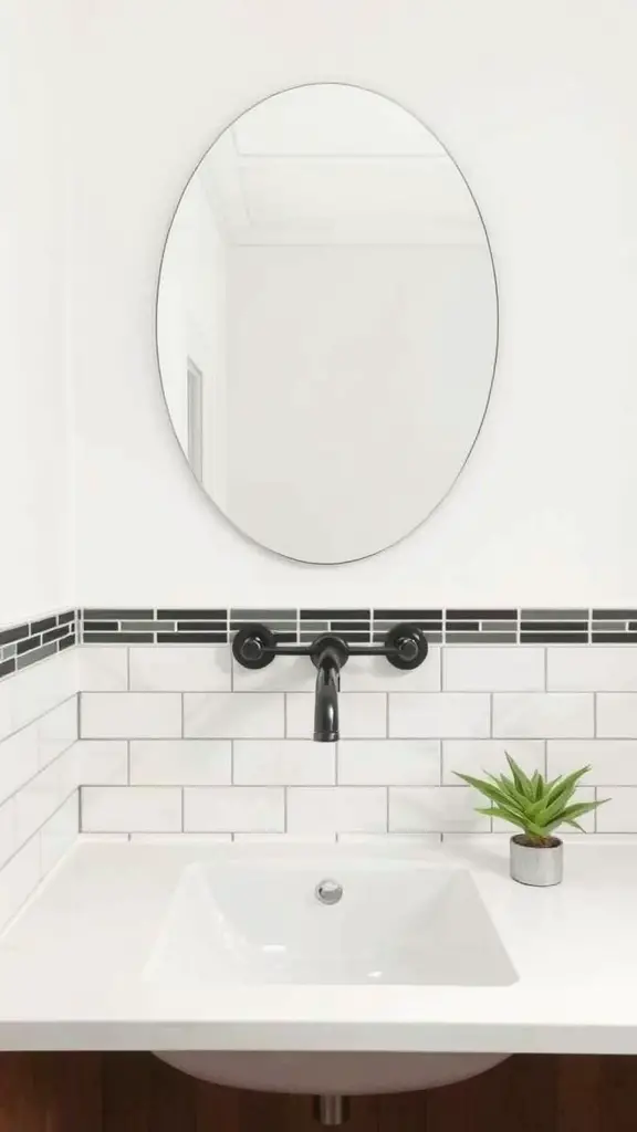 25 Charming Cottage Style Bathroom Ideas to Inspire Your Next Renovation 13 A modern bathroom featuring white subway tiles and black accent tiles, with a round mirror and a small plant.