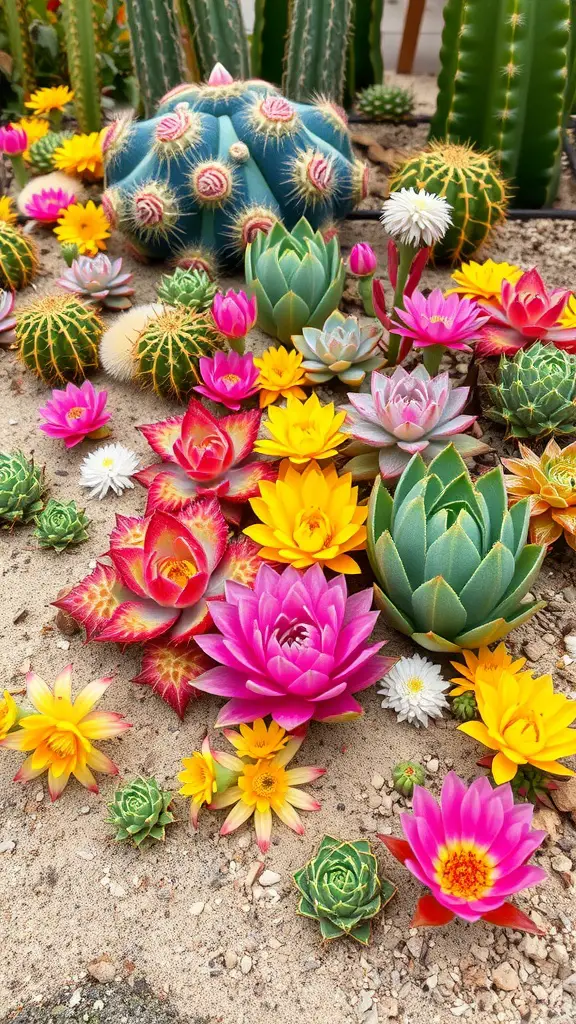A vibrant arrangement of succulents and cacti in various colors and sizes, showcasing a drought-resistant flower bed.