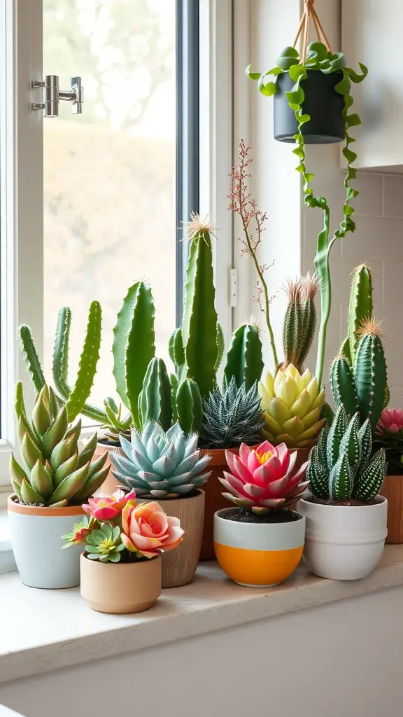 25 Must-Have Kitchen Plants for a Fresh and Green Home 9 A collection of various succulents and cacti on a windowsill in a kitchen, showcasing different shapes and colors.