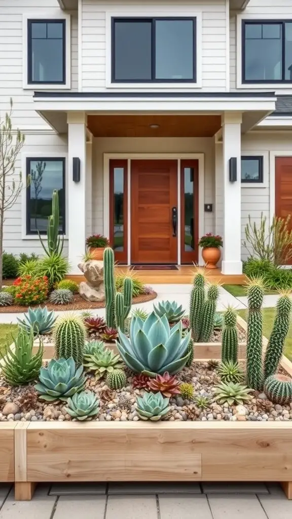 25 Beautiful Raised Flower Bed Ideas for Your Front House 15 Raised flower beds with various succulents and cacti in front of a modern home