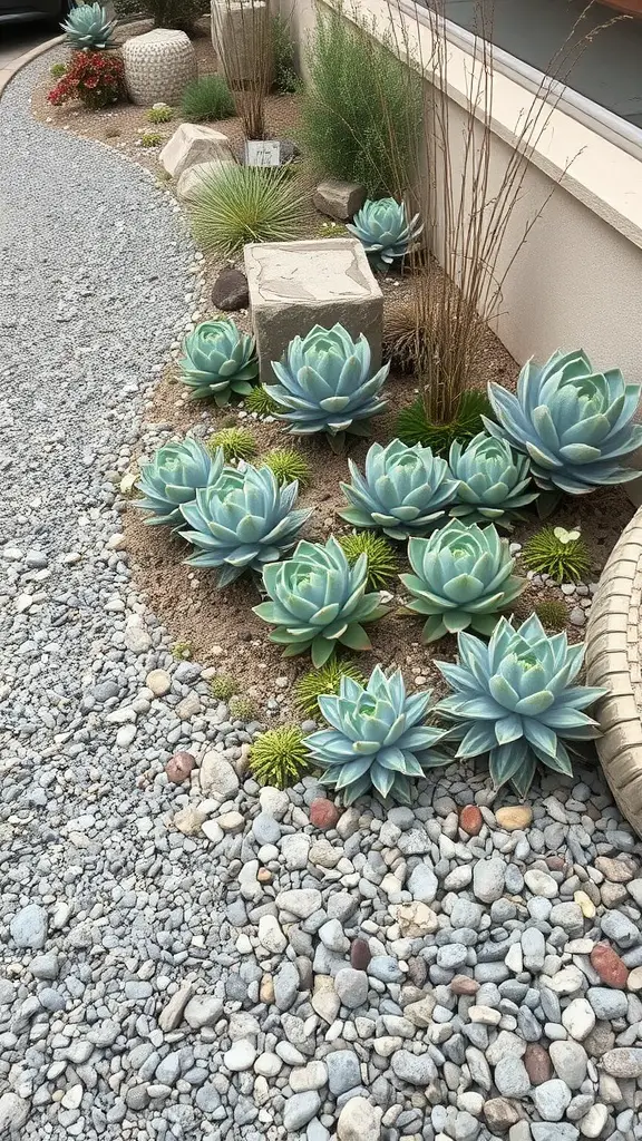 23 Creative Side Yard Landscaping Ideas You’ll Love 6 Succulent arrangement in a gravel bed with decorative stones.