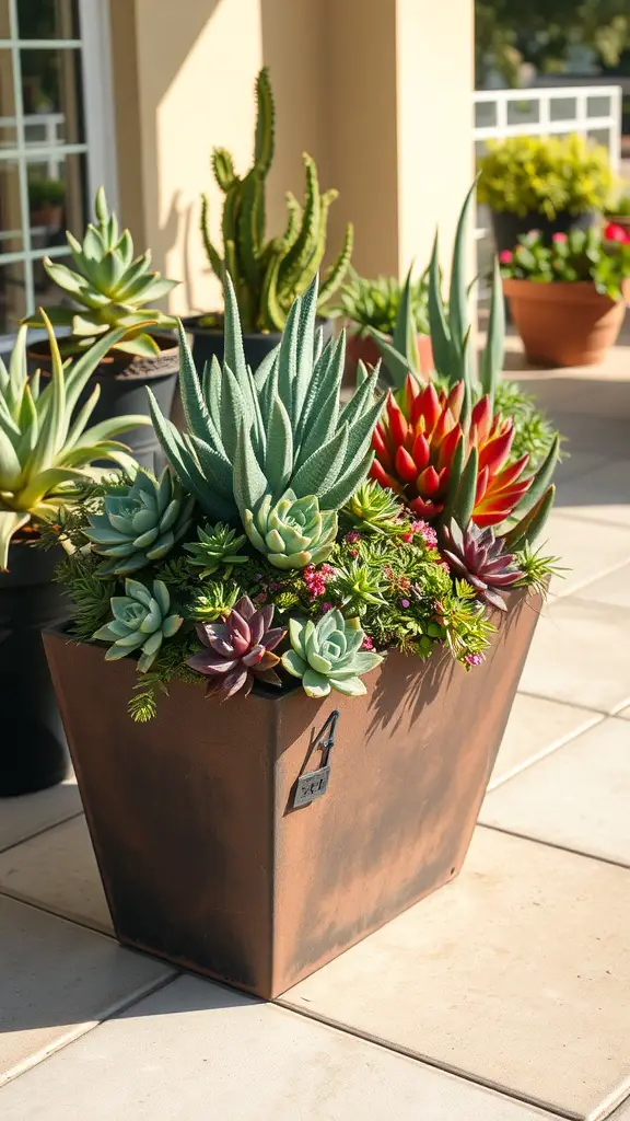 15 Stunning Planter Ideas for Full Sun Gardens 10 A sunny planter filled with various succulents, showcasing different shapes and colors.