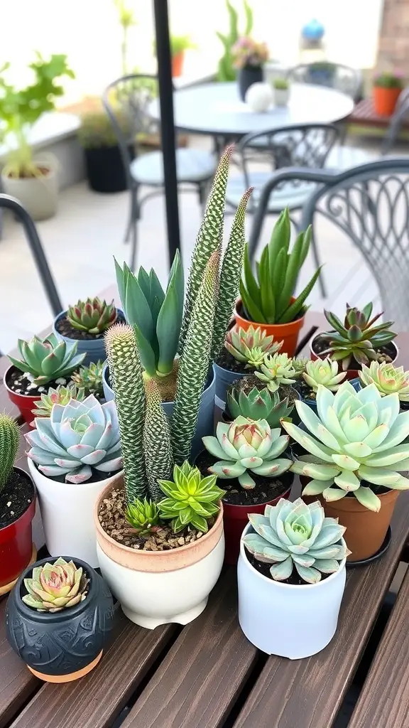 A collection of various succulent plants in colorful pots arranged on a wooden table.