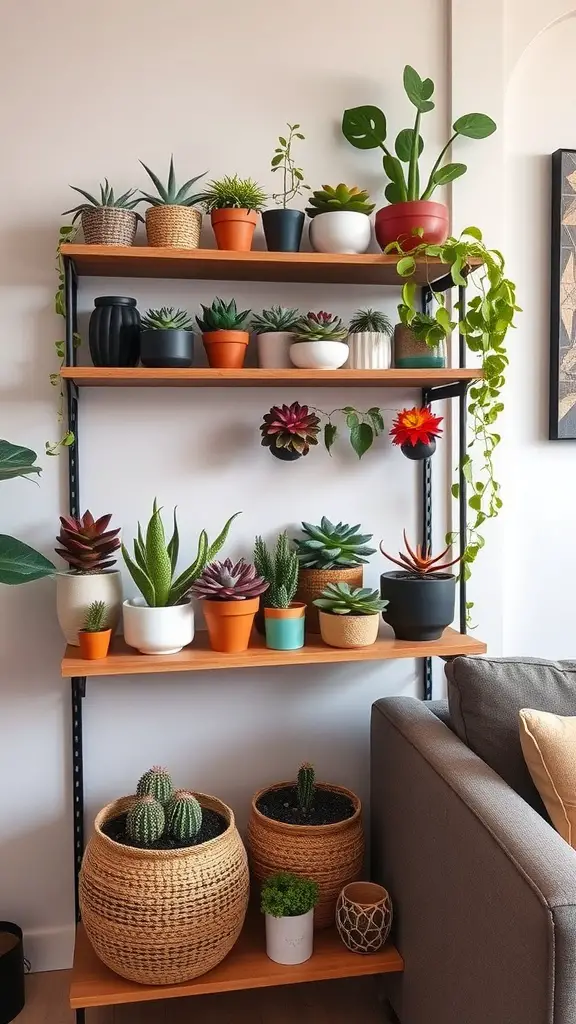 15 Inspiring Living Room Plant Decor Ideas 7 A stylish shelf with various succulents in colorful pots and baskets, creating a green decor in a cozy living room.