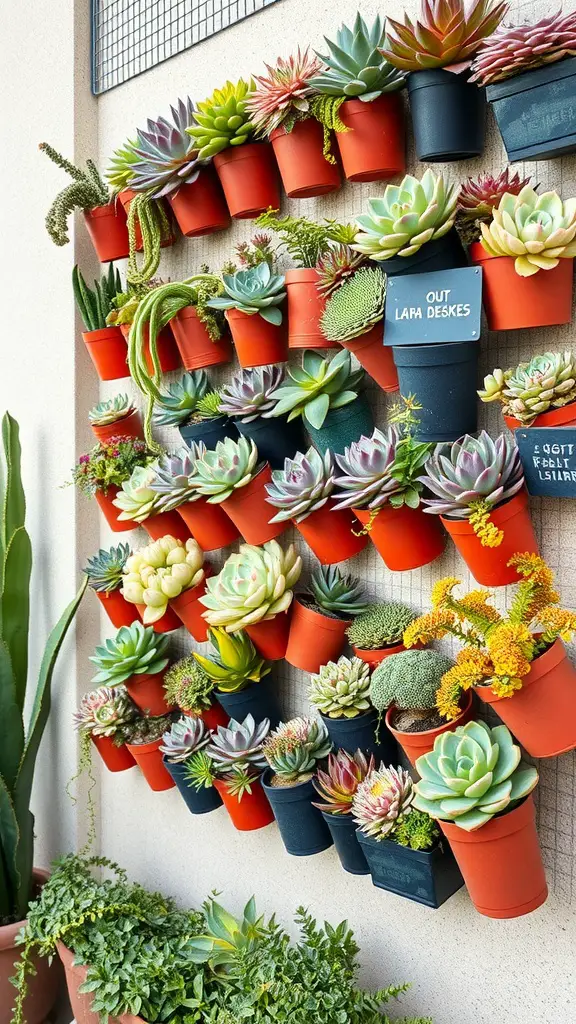 21 Creative Flower Pot Ideas to Brighten Your Space 9 A wall covered with colorful pots filled with various succulents arranged in a visually appealing pattern.