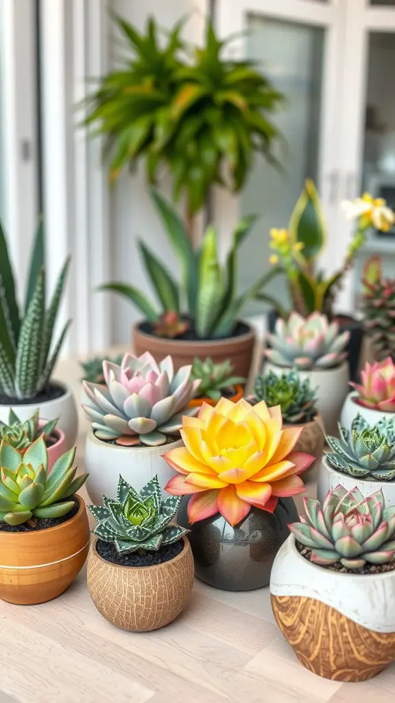 21 Growing Indoor Plant Ideas to Transform Your Space 6 A variety of succulents displayed in unique containers, showcasing different styles and colors.