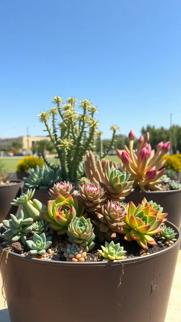 19 Stunning Container Plants for Full Sun Gardens 8 A colorful assortment of sun-loving succulents in a container under a clear blue sky.