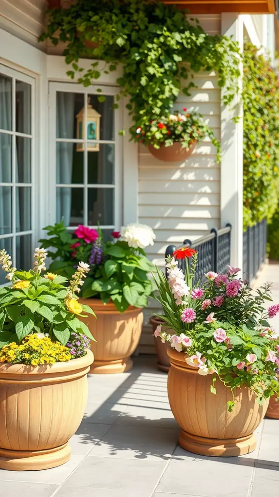 15 Stunning Planter Ideas for Full Sun Gardens 18 Brightly colored flower planters on a sunny patio
