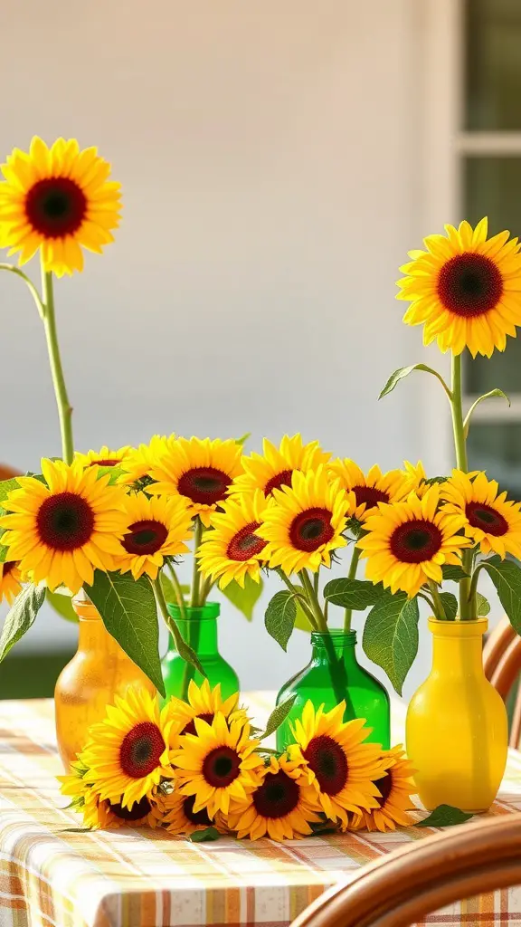 23 Fresh Summer Home Decor Ideas to Refresh Your Space 15 Sunflower arrangements in colorful vases on a table.