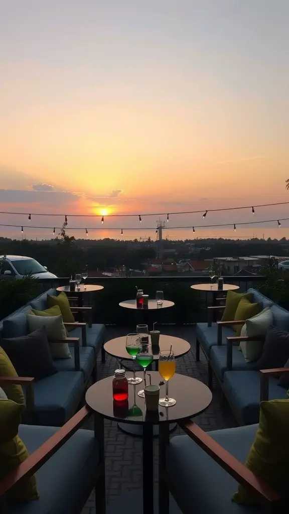 19 Creative Summer Baby Shower Ideas to Celebrate the Mom-to-Be 4 A cozy rooftop setting for a sunset cocktail hour featuring colorful drinks and comfy seating.