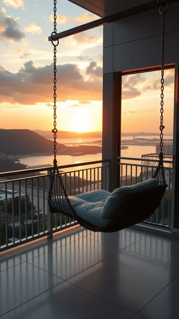 27 Creative Outdoor Swing Ideas for Your Backyard Bliss 11 A suspended swinging bed on a balcony with a sunset view over water.