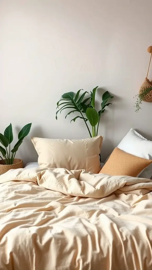 23 Trendy Dorm Bedding Ideas for a Stylish Space 8 Cozy bed with beige bedding and pillows, surrounded by green plants.