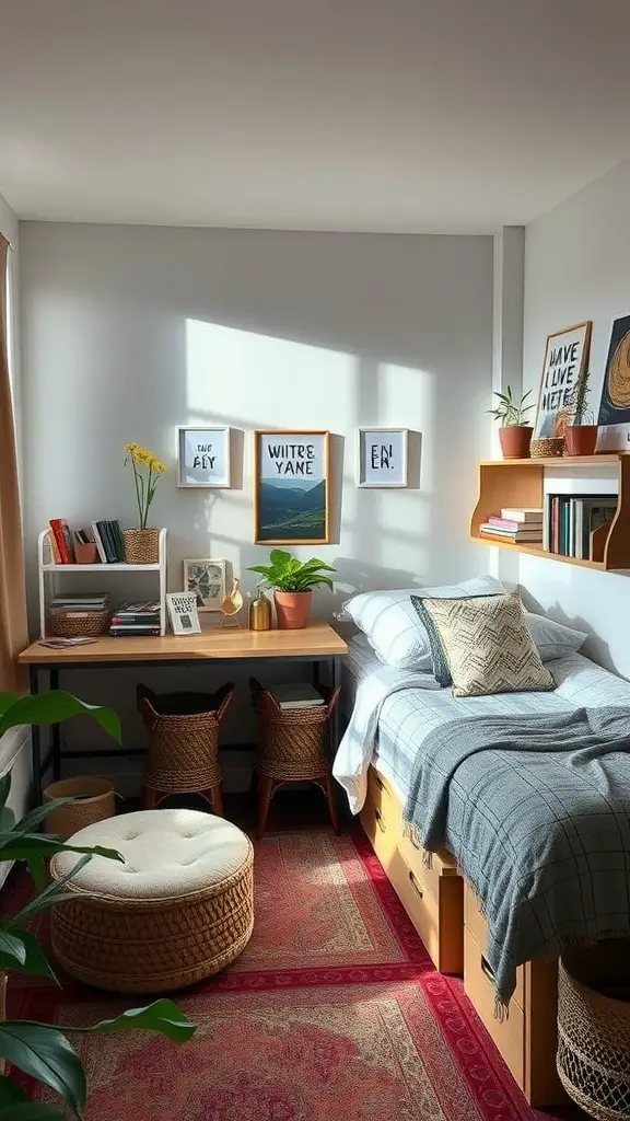 19 Cozy Earthy Dorm Room Ideas to Create Your Peaceful Retreat 17 A cozy dorm room with wooden furniture, plants, and sustainable decor elements.