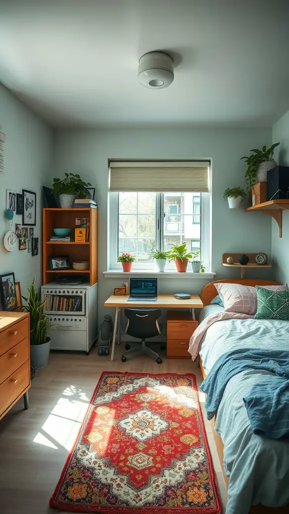 19 Creative Dorm Layout Ideas to Maximize Your Space 15 A cozy dorm room with wooden furniture, plants, and a colorful rug, showcasing sustainable decor ideas.