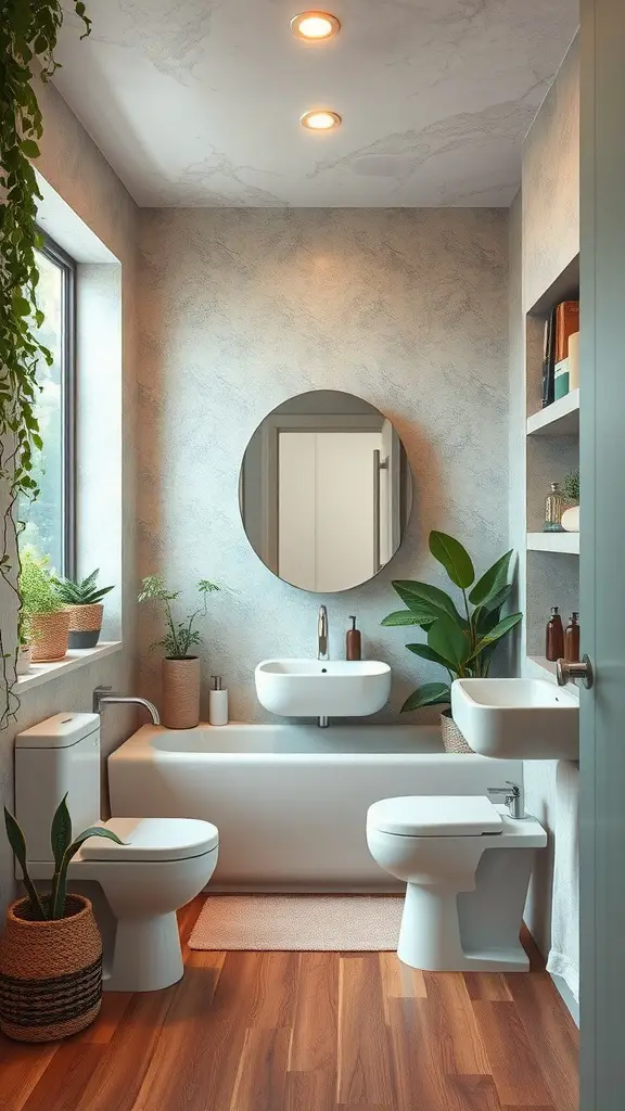 29 Funky Bathroom Ideas to Transform Your Space 17 A modern bathroom featuring eco-friendly design elements, with natural light, plants, and sustainable fixtures.