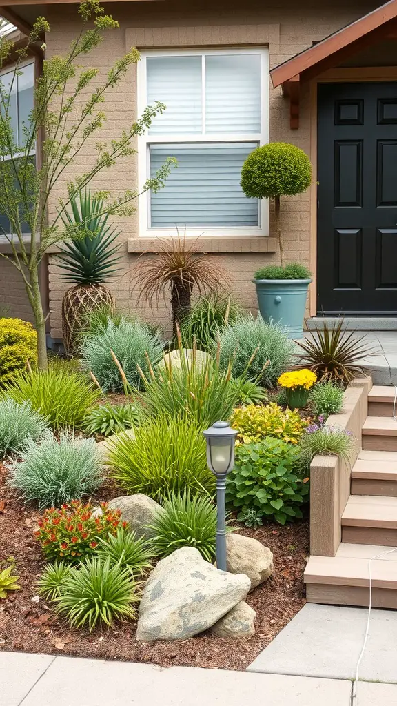 A sustainable front yard with various plants, rocks, and a light fixture, showcasing an eco-friendly landscaping design.