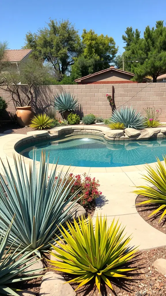 21 Stunning Backyard Pool Landscaping Ideas You Need to Try 17 A backyard pool surrounded by native plants, including blue agave and green foliage under a clear blue sky.