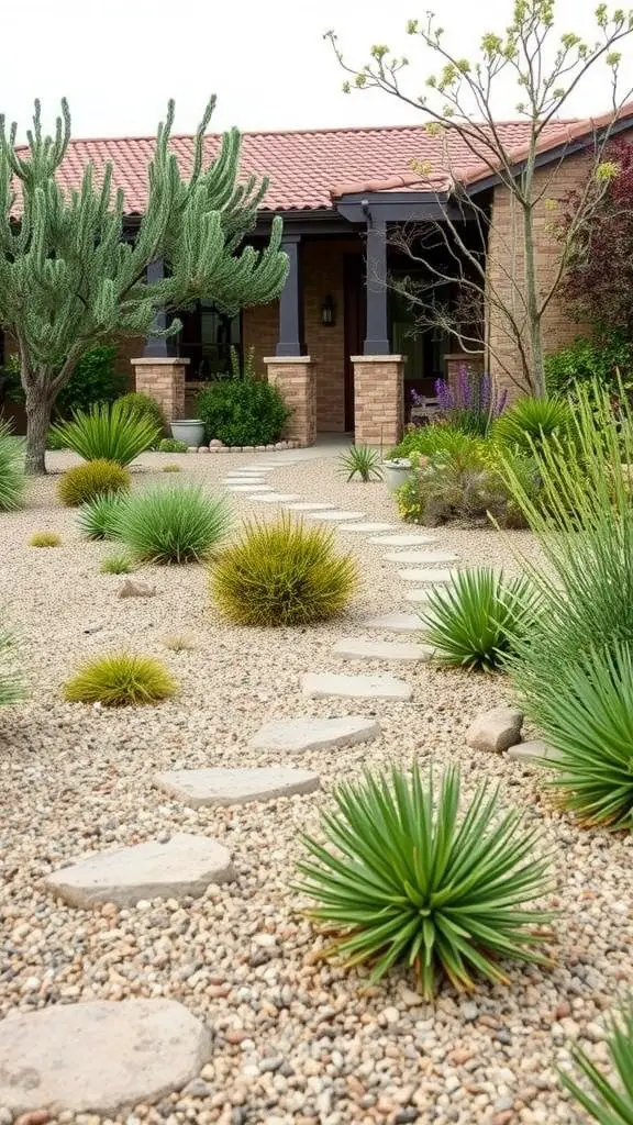 13 Creative Front Yard Landscaping Ideas to Enhance Your Curb Appeal 7 A sustainable xeriscaped front yard with drought-resistant plants and a stone pathway.