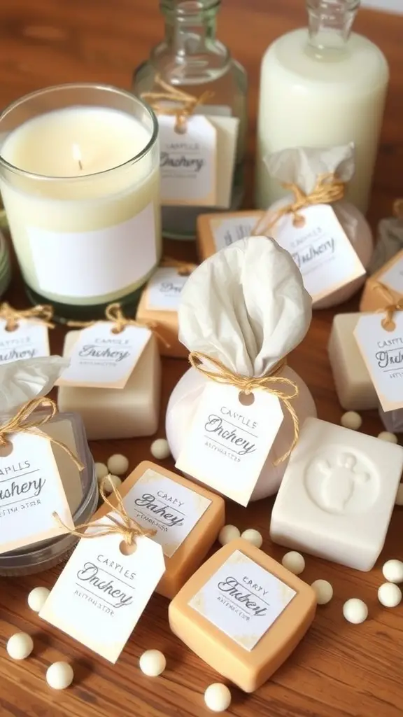 25 Charming June Baby Shower Ideas You'll Love 9 A collection of candles and soaps in beautiful packaging, perfect for baby shower favors.