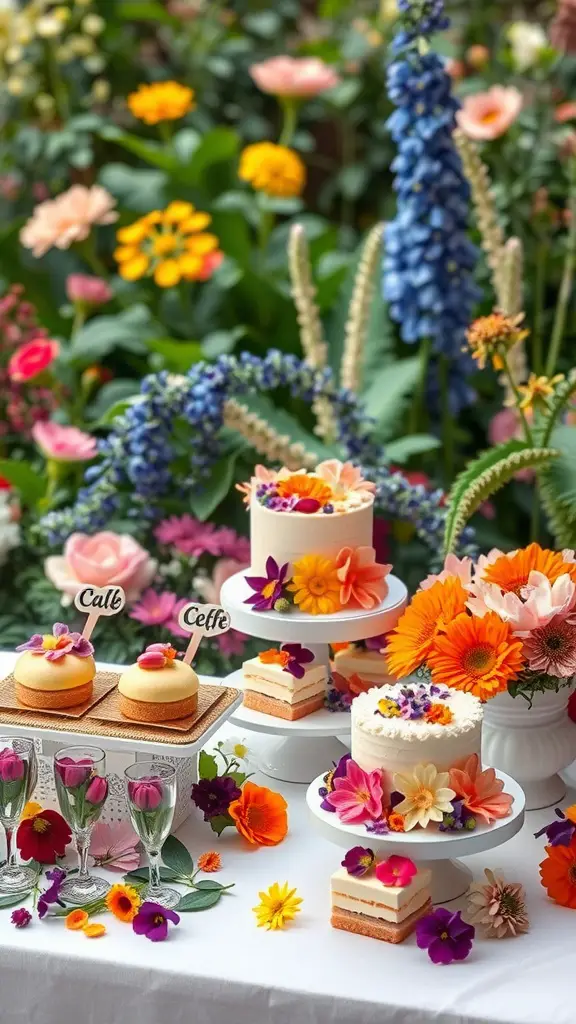 23 Adorable Garden Baby Shower Ideas You Need to Try 11 A beautifully arranged sweet treats table featuring cakes and desserts decorated with colorful edible flowers, set against a backdrop of lush garden flowers.
