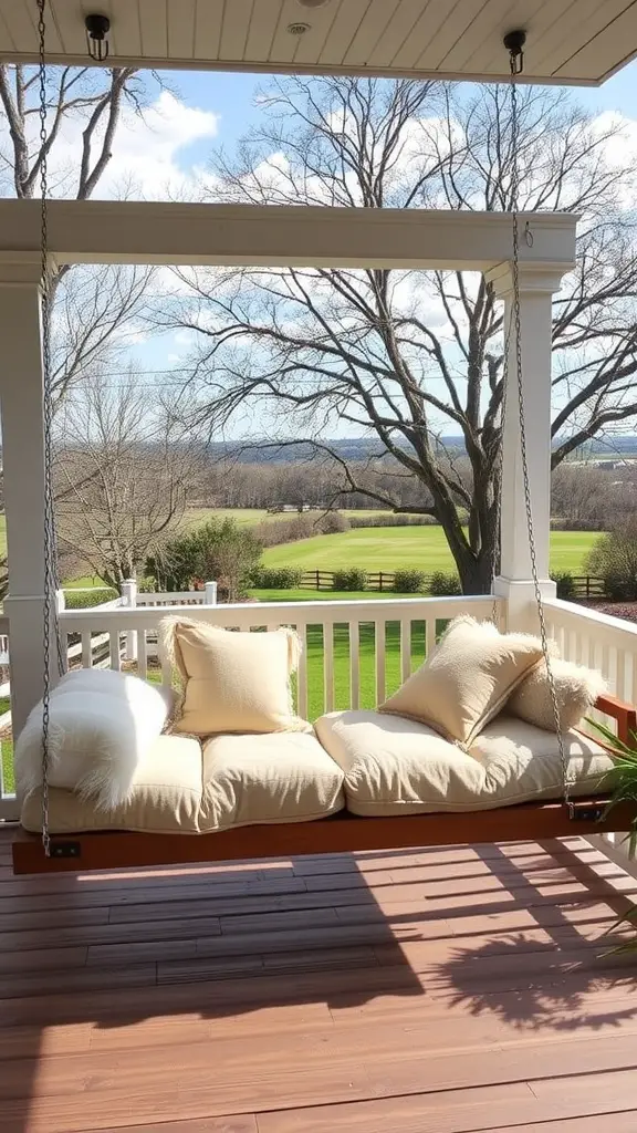 25 Charming Front Porch Furniture Ideas for a Cozy Outdoor Space 12 A cozy swinging daybed on a porch with plush cushions and a beautiful view of nature.