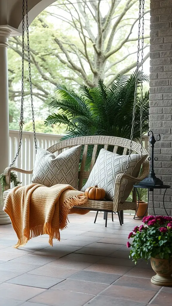 27 Creative Outdoor Swing Ideas for Your Backyard Bliss 8 A swinging loveseat with patterned cushions and a warm throw blanket, surrounded by greenery and flowers.
