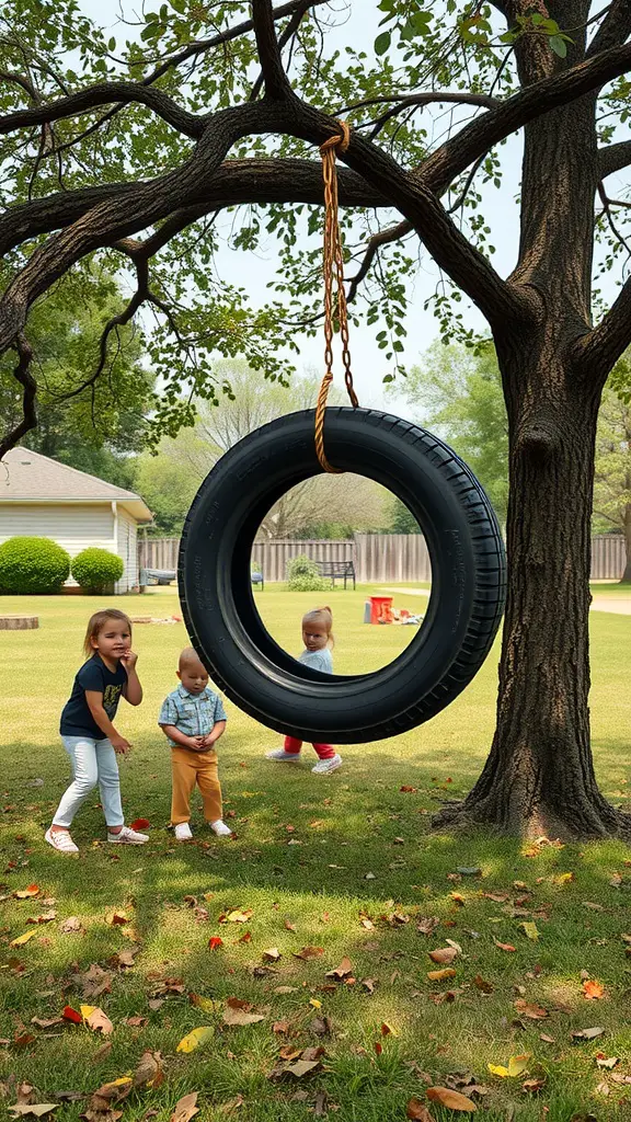 27 Creative Outdoor Swing Ideas for Your Backyard Bliss 17 Children playing around a swinging tire in a backyard