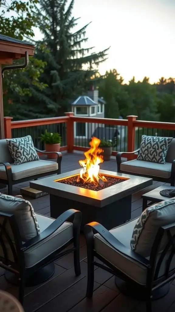 13 Stunning Deck Lighting Ideas to Illuminate Your Outdoor Space 5 Cozy setup featuring a square tabletop fire pit surrounded by chairs on a deck with greenery in the background.