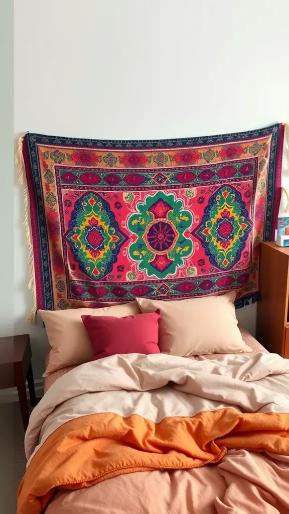 17 Creative Dorm Headboard Ideas to Transform Your Space 14 A colorful tapestry hanging above a bed with pink and orange bedding
