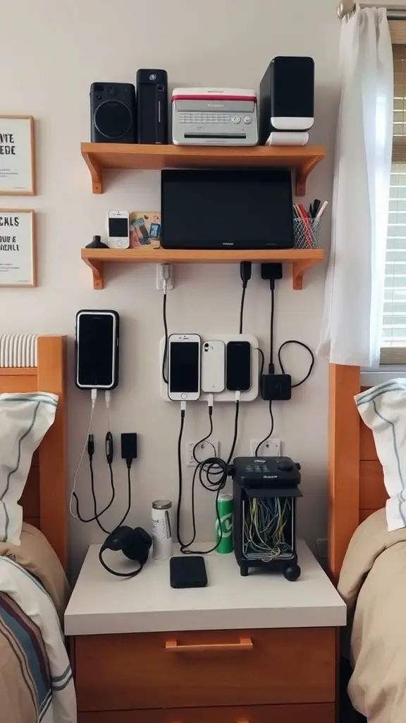 21 Creative Boys Dorm Room Ideas to Elevate Your Space 15 A well-organized tech-friendly charging station in a boys' dorm room, featuring devices on shelves and smartphones on the wall.