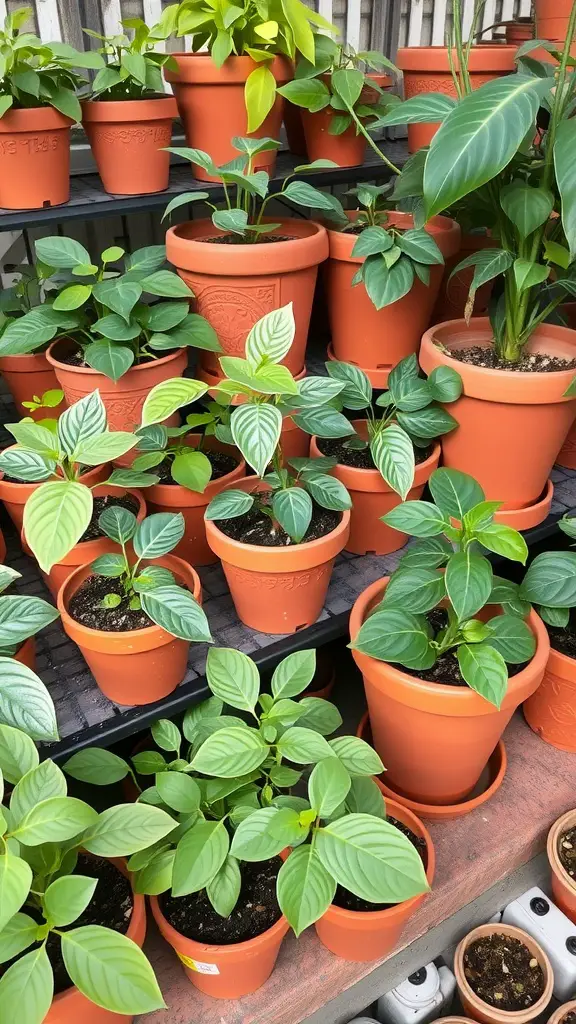 15 Stunning Indoor Flower Pot Ideas for Your Home 13 A collection of terracotta pots with various green plants displayed on a shelf.
