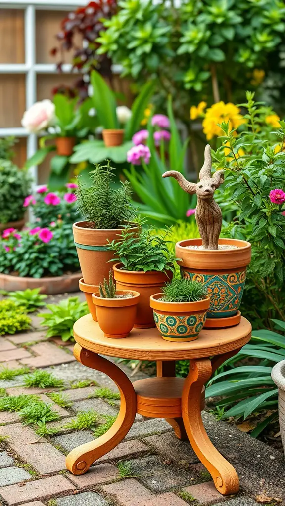 17 Creative Plant Stand Ideas to Elevate Your Greenery 14 A wooden stand displaying terracotta pots with various plants in a vibrant garden setting.
