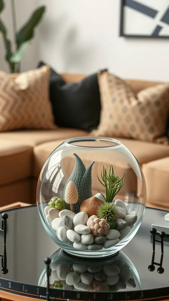15 Inspiring Living Room Plant Decor Ideas 19 A glass terrarium with small plants and stones, placed on a coffee table in a cozy living room.