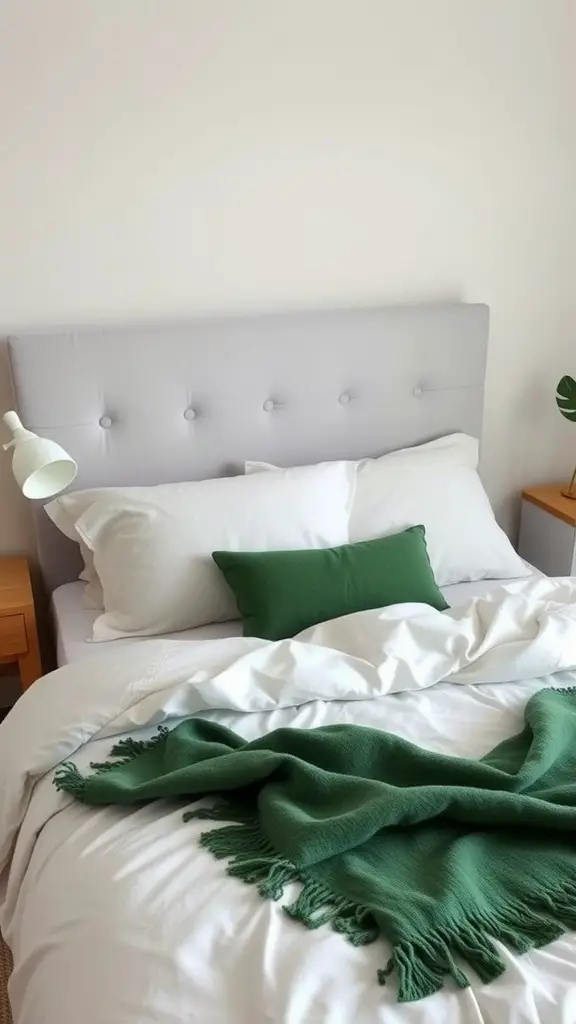 21 Inspiring Green Dorm Room Ideas for a Fresh Study Space 12 A cozy bed with a light gray headboard, white bedding, and green textiles including a throw and pillows
