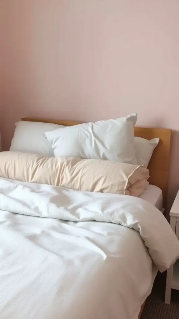19 Aesthetic Dorm Room Ideas You’ll Love 7 A cozy bed with textured bedding in soft white and beige tones against a pink wall.