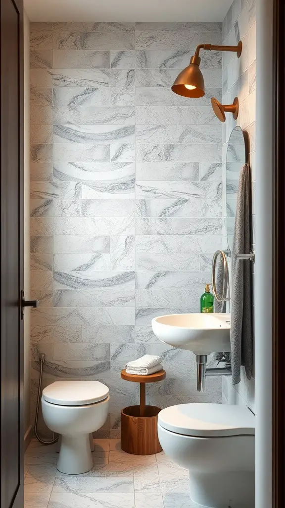 27 Clever Tiny Bathroom Ideas for Maximum Style and Functionality 13 A small bathroom featuring textured marble tiles, a stylish wall lamp, and a wooden stool.