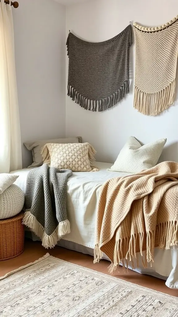 19 Cozy Earthy Dorm Room Ideas to Create Your Peaceful Retreat 10 A cozy dorm room featuring textured fabrics, including knit and woven blankets, pillows, and wall hangings in earthy tones.